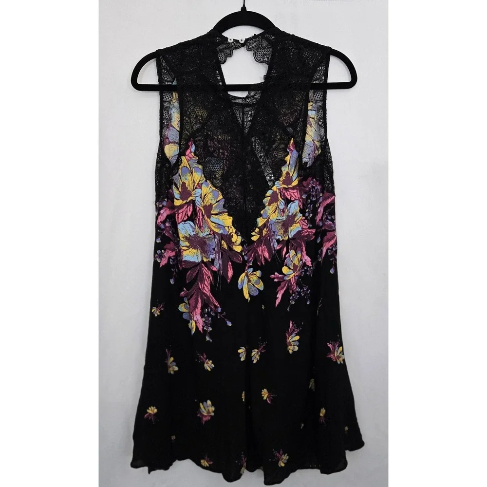 Intimately Free People Voile & Lace‎ Trapeze Slip Dress Black Floral Racerback S